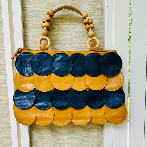 Uddini Handbags - Uddini Purse Boho Bag Black and Tan Circle Fish Scales Leather Bag Beaded Handle